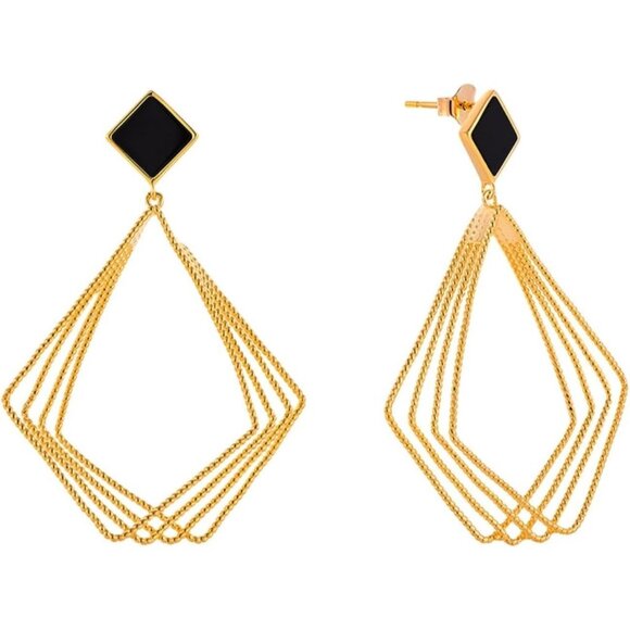 Jewelry - Gold-Plated with Black Stone Stud Multi-Chain Design Dangle Drop Trendy Earrings